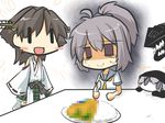  2girls ahoge aoba_(kantai_collection) blush_stickers brown_hair censored censored_food chibi commentary curry curry_rice detached_sleeves empty_eyes food goma_(gomasamune) gradient gradient_background hair_ornament hairband hiei_(kantai_collection) hood kantai_collection md5_mismatch multiple_girls nervous nontraditional_miko open_mouth plate ponytail purple_eyes purple_hair re-class_battleship rice school_uniform serafuku shinkaisei-kan short_hair silver_hair simple_background smile spoon sweat tears wavy_mouth |_| 