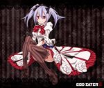  bow brown_legwear ciel_alencon copyright_name dress facial_mark god_eater god_eater_2:_rage_burst hair_bow high_heels juliet_sleeves long_sleeves puffy_sleeves red_eyes silver_hair sitting smile solo striped striped_background striped_legwear thighhighs toutenkou twintails vertical-striped_background vertical-striped_legwear vertical_stripes white_dress zettai_ryouiki 