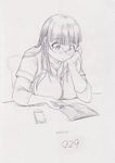  1girl breasts dated glasses huge_breasts kobayakawa_horan long_hair monochrome nekokami original sketch solo 