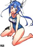  arm_support blue_hair blush breasts hair_ribbon i-19_(kantai_collection) kantai_collection long_hair medium_breasts one-piece_swimsuit ookami_maito open_mouth red_eyes ribbon school_swimsuit sitting smile solo swimsuit twintails wariza 