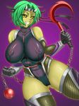  black_sclera bodysuit breasts cameltoe chains fangs fishnets gradient gradient_background green_hair grin horns huge_breasts impossible_clothes impossible_leotard ko kusarigama leotard looking_at_viewer monster_girl ninja no_bra purple_background short_hair sickle simple_background smile weapon yellow_eyes yellow_skin 