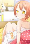  :&lt; back bare_shoulders bed blush book dress dripping food hair_ornament hairclip highres hoshizora_rin looking_at_viewer looking_back love_live! love_live!_school_idol_project makuran mouth_hold on_bed orange_hair pillow popsicle short_hair sitting sitting_on_bed sleeveless sleeveless_dress solo strap_slip stuffed_animal stuffed_cat stuffed_toy sundress white_dress yellow_eyes 