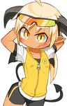  :q ahoge arms_behind_head bike_shorts blonde_hair blush demon_girl demon_tail eyewear_on_head horns jacket long_hair nanatsuta original pointy_ears ponytail solo succubus sunglasses tail tan tongue tongue_out yellow_eyes 