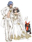  1girl ascot black_hair blue_hair couple dress flower formal gloves hair_flower hair_ornament height_difference kill_la_kill living_clothes marumusikoya matoi_ryuuko mikisugi_aikurou senketsu shirtless short_hair translation_request veil wedding_dress 