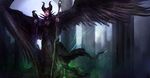  bird black_wings crow daniel_kamarudin disney feathered_wings highres horns maleficent solo staff wallpaper wings 