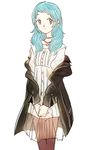  alternate_hairstyle aqua_hair dress hands_clasped jacket jewelry long_hair looking_at_viewer necklace own_hands_together pantyhose persona persona_3 persona_4:_the_ultimate_in_mayonaka_arena smile solo sutei_(giru) yamagishi_fuuka 