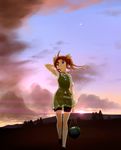  bike_shorts brown_hair food fruit gloves hair_ribbon hand_in_hair kagerou_(kantai_collection) kantai_collection nagian net ribbon school_uniform short_hair short_sleeves shorts shorts_under_skirt skirt smile solo sunset twintails vest walking watermelon wind 