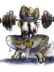  blonde_hair bottomless breasts canine clitoris dlost dripping female fluids hair hairy looking_at_viewer mammal nipples nude pussy pussy_juice scar weightlifting 