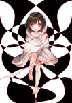  barefoot black_hair blanket blood blood_stain brown_hair collarbone feet highres naked_sheet namanie original pink_eyes red_eyes red_string short_hair solo string toes 