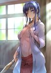  bad_id bad_pixiv_id blue_eyes blue_hair bokken breasts hakama japanese_clothes large_breasts long_hair looking_at_viewer navel no_bra open_clothes open_shirt original red_hakama shinon_(tokage_shuryou) shirt solo stomach sweat sword twintails weapon window wooden_sword 