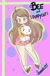  :o absurdres ahoge animal artist_name bee bee_(bee_and_puppycat) bee_and_puppycat brown_eyes brown_hair bug commentary_request copyright_name highres holding holding_animal insect long_hair outline puppycat samantha_niz shorts 