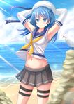  armpits arms_behind_head arms_up bangs beach beret blue_eyes blue_hair blush breasts cloud cowboy_shot day elbow_gloves eyebrows_visible_through_hair gloves hair_between_eyes hat highres kantai_collection kazenokaze light_rays long_hair looking_at_viewer midriff navel ocean outdoors pleated_skirt skindentation skirt sky sleeves_rolled_up small_breasts smile solo sunbeam sunlight thigh_strap urakaze_(kantai_collection) water white_hat yellow_neckwear 