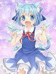  :3 animal_ears blue_dress blue_eyes blue_hair bow cat_ears cat_tail cirno commentary dress fang hair_bow ibaraki_natou ice ice_wings kemonomimi_mode looking_at_viewer open_mouth paw_pose paw_print puffy_short_sleeves puffy_sleeves shirt short_sleeves smile solo tail touhou wings 