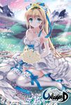  blonde_hair blue_bow blue_eyes bouquet bow breasts cleavage dress elbow_gloves flower frills gloves grass hair_ribbon high_heels ice_(ice_aptx) long_hair looking_at_viewer medium_breasts ribbon sitting smile solo thighhighs unleashed white_dress 