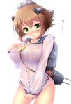  bangs blush breasts brown_hair cosplay dress green_eyes highres kane-neko kantai_collection large_breasts mutsu_(kantai_collection) sailor_dress shirt_tug short_hair solo yukikaze_(kantai_collection) yukikaze_(kantai_collection)_(cosplay) 