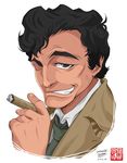  bad_id bad_pixiv_id cigar columbo columbo_(detective) curly_hair necktie raincoat simple_background smile smirk 