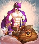  abs anthro bed biceps big_muscles black_hair brown_fur brown_hair butt canine cum cum_on_arm cum_on_back cum_on_butt cum_on_penis cum_string cumshot duo erection folf fox fur gay gripping hair holding humanoid_penis hybrid istani lying male mammal muscles nude on_front orgasm pecs penis purple_fur purple_hair ripped rope shyloc standing toned white_fur wolf 