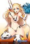  animal_ears animal_print arms_up bell bell_choker bikini blonde_hair blue_eyes blush bouncing_breasts breasts cheerleader choker cow_bell cow_ears cow_print cow_tail ear_tag elbow_gloves gloves large_breasts long_hair mole mumu_(soccer_spirits) navel open_mouth pom_poms side-tie_bikini simple_background smile snowball22 soccer_spirits solo swimsuit tail thighhighs very_long_hair water 