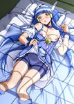  aoki_reika bed bed_sheet bike_shorts blue_eyes blue_hair blue_skirt blush boots breasts cure_beauty eyelashes hair_ornament hair_tubes highres kijinaka_mahiro knee_boots kneehighs long_hair looking_at_viewer lying magical_girl nipples open_mouth precure revision shorts shorts_under_skirt skirt small_breasts smile_precure! solo undressing wrist_cuffs 