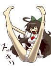  &gt;_&lt; ahoge black_hair blush blush_stickers bow bow_panties brown_hair closed_eyes feet hair_bow holding_legs lace lace-trimmed_panties long_hair midriff no_pants open_mouth panties reiuji_utsuho soles solo third_eye touhou underwear white_panties wings zannen_na_hito 