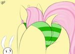  absurd_res angel_(mlp) anthro back_turned butt clothing duo ensayne equine female feral fluttershy_(mlp) friendship_is_magic fur hair hi_res horse lagomorph long_hair male mammal my_little_pony panties pink_hair plain_background pony presenting rabbit raised_tail striped_panties underwear white_fur yellow_background yellow_fur 