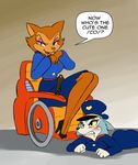  anthro blush breasts butt carmen cat chochi clothed clothing duo english_text feline female looking_at_viewer mammal pamela_bondani patrol_03 police smile text wheelchair 