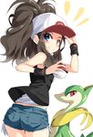  ass baseball_cap blue_eyes brown_hair denim denim_shorts from_behind gen_5_pokemon hat hat_tip highres holding holding_poke_ball long_hair looking_back natsu_(anta_tte_hitoha) poke_ball pokemon pokemon_(creature) pokemon_(game) pokemon_bw ponytail servine shorts smile touko_(pokemon) vest wristband 