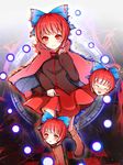  artist_name blush boots bow cape danmaku disembodied_head hair_bow highres itohime long_sleeves looking_at_viewer magic_circle open_mouth red_eyes red_hair sekibanki short_hair skirt smile solo touhou 