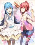  aino_megumi blue_eyes blue_hair clenched_hands dress fist_pump foreshortening happinesscharge_precure! long_hair looking_at_viewer multiple_girls open_mouth pink_eyes pink_hair ponytail precure raised_fist shirayuki_hime skirt smile thighhighs toromi_chuuka waving 