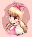  absurdres artist_name blonde_hair blue_eyes bow commentary_request frown hair_bow helga_g_pataki hey_arnold! highres looking_at_viewer low_twintails pink_background samantha_niz solo twintails unibrow 