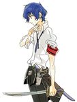  armband blue_hair clothes_around_waist evoker jacket_around_waist male_focus persona persona_3 profile solo sutei_(giru) sword weapon yuuki_makoto 