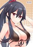  arm_up bare_shoulders bikini black_hair breasts cleavage front-tie_top hair_between_eyes halftone halftone_background highres kantai_collection large_breasts long_hair mmrailgun ponytail red_eyes sidelocks solo swimsuit upper_body yahagi_(kantai_collection) 