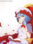  alternate_costume atg_(wttoo0202) bad_id bad_pixiv_id blue_hair book breasts brooch capelet cup dress drinking flower gloves hat hat_flower jewelry petals red_eyes red_flower red_rose remilia_scarlet rose short_hair sitting small_breasts solo teacup throne touhou watermark web_address white_dress 