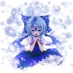  blue_dress blue_eyes blue_hair bow cirno commentary_request dress flower hair_bow ice ice_wings kuroyume_(dark495) looking_at_viewer puffy_short_sleeves puffy_sleeves shirt short_sleeves smelling_flower snowdrop_(flower) snowing solo touhou wings 