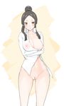  black_hair breast_slip breasts brown_eyes hair_bun highres jacquiline_o_lantern_dupre large_breasts libre long_hair looking_at_viewer nipples one_breast_out open_clothes open_shirt pubic_hair see-through shirt solo soul_eater 