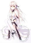  bad_id bad_pixiv_id bangs bare_shoulders breasts detached_sleeves feathers full_body hair_between_eyes high_heels highres knees_together_feet_apart long_hair looking_at_viewer midriff nagishiro_mito navel original sideboob sitting sleeves_past_wrists small_breasts solo thighhighs white white_footwear white_hair white_legwear yellow_eyes 