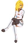  blonde_hair blue_eyes bodysuit breasts cosplay crossed_arms crossed_legs full_body hair_over_one_eye inazuma_eleven inazuma_eleven_(series) inazuma_eleven_go inazuma_eleven_go_chrono_stone large_breasts long_hair no_pupils reiza sekina sitting solo the_genesis urubida urubida_(cosplay) 