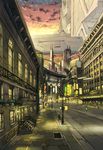  bad_pixiv_id border building city highres lamppost lights neon_lights no_humans original pavement red_sky revision road scenery science_fiction sky skyscraper street tomaknights vanishing_point 
