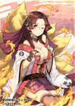  animal_ears breasts brown_eyes brown_hair cleavage fire fox_ears fox_tail hair_ornament keypot kitsune kyuubi large_breasts long_hair looking_at_viewer multiple_tails official_art one_eye_closed smile solo tail thighhighs watermark youkai zettai_bouei_leviathan 
