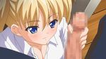  1girl airi_akizuki animated animated_gif blonde_hair blue_eyes breasts censored cleavage handjob oni_chichi penis poro saliva 