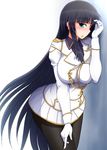  black_hair breasts gloves green_eyes ikaruga_(senran_kagura) large_breasts long_hair looking_at_viewer pantyhose ponpo senran_kagura senran_kagura_shoujo-tachi_no_shin'ei solo very_long_hair 