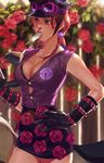  blurry breasts cleavage depth_of_field emg_(christain) flower food gloves hair_bobbles hair_ornament highres hirose_yasuho jojo_no_kimyou_na_bouken jojolion large_breasts pink_hair popsicle purple_eyes solo sweat 