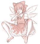  barefoot blush bow cirno dress hair_bow highres ice ice_wings kuro_suto_sukii looking_at_viewer puffy_short_sleeves puffy_sleeves shirt short_sleeves sitting sketch soles solo spread_legs toe_scrunch touhou wings 