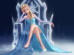  bare_shoulders barefoot blonde_hair blue_eyes braid breasts cape crossed_legs dress elsa_(frozen) eyelashes eyeshadow frozen_(disney) hair_ornament hair_over_shoulder head_on_hand highres long_hair long_legs looking_at_viewer makeup maredoro sequins shoes single_braid single_shoe sitting small_breasts snowflake_hair_ornament solo throne toes 