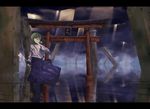  akeno_(akenosora) boots detached_sleeves gohei green_eyes green_hair kochiya_sanae letterboxed long_hair looking_back onbashira pillar snake solo torii touhou water 