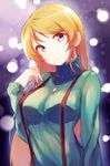 ayase_eli blonde_hair highres long_hair looking_at_viewer love_live! love_live!_school_idol_project purple_eyes ribbed_sweater smile solo suspenders sweater turtleneck ytk_(yutta-p) 