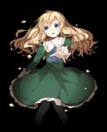  arin_(fanfan013) black_background blonde_hair blue_eyes dress green_dress highres ib long_hair mary_(ib) outstretched_arm outstretched_hand pantyhose petals solo 