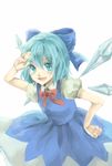  blue_eyes blue_hair bow cirno dress hair_bow hand_on_forehead hand_on_hip highres looking_at_viewer open_mouth puffy_short_sleeves puffy_sleeves ribbon ritsuki_mino salute short_hair short_sleeves simple_background solo touhou white_background wings 