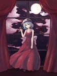  alcohol alternate_costume bare_shoulders cloud cup curtains dress drinking_glass floor full_moon hat highres lavender_hair long_dress looking_at_viewer mob_cap moon night night_sky rean_(r_ean) red_dress red_eyes remilia_scarlet short_hair sky smile solo touhou window wine wine_glass wings 