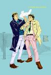  absurdres chain-link_fence cigar cigarette columbo columbo_(detective) fence formal hand_in_pocket highres multiple_boys raincoat simple_background smoking standing suit 